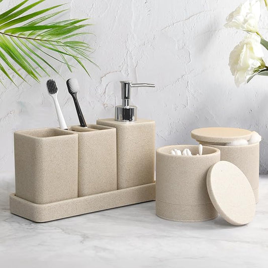 Bathroom Accessories Set, 6 Piece Bathroom Set with Toothbrush Holders, Soap Dispenser, Vanity Tray, Tumbler, Cotton Swab Jars, Bathroom Organizer,Bathroom Sink Sets, Stone Beige