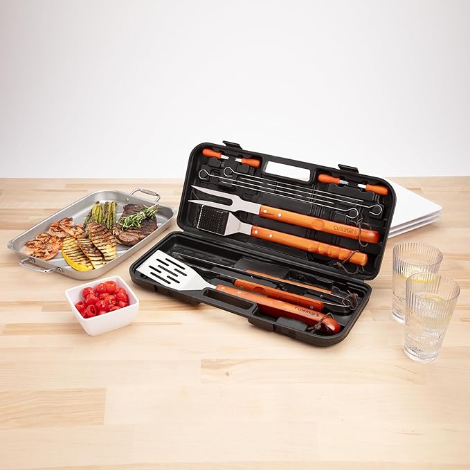 Cuisinart 13-Piece Wooden Grill Tool Set, BBQ Accessories and Grill Tools, Durable Stainless-Steel Utensils with Recycled Plastic Case, Spatula, Tongs, Cleaning Brush & More, Grilling Gifts for Men