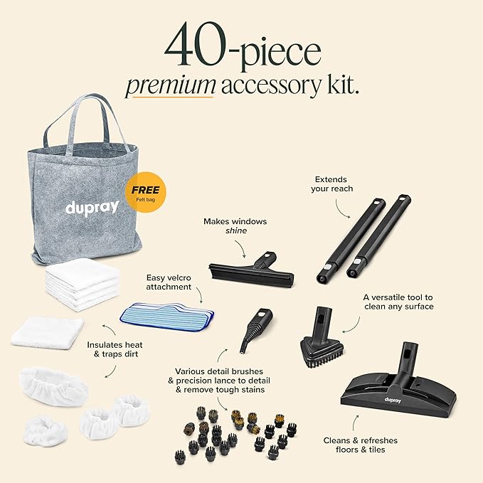 Dupray Neat Steam Cleaner with 40-Piece Accessory Kit, Powerful, chemical-free cleaning for floors, cars, tiles, grout, and more. *Kills 99.9% of Bacteria & Viruses
