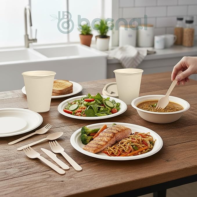 BOSNAL 10 inch & 7 inch Round Plates, 10 inch Oval Plates, 16 oz Bowls & 8 oz Cups with Lids & Cutlery – 100% Plant-Based Bagasse, Eco-Friendly, Compostable, Microwave Safe, Durable Dinnerware Set