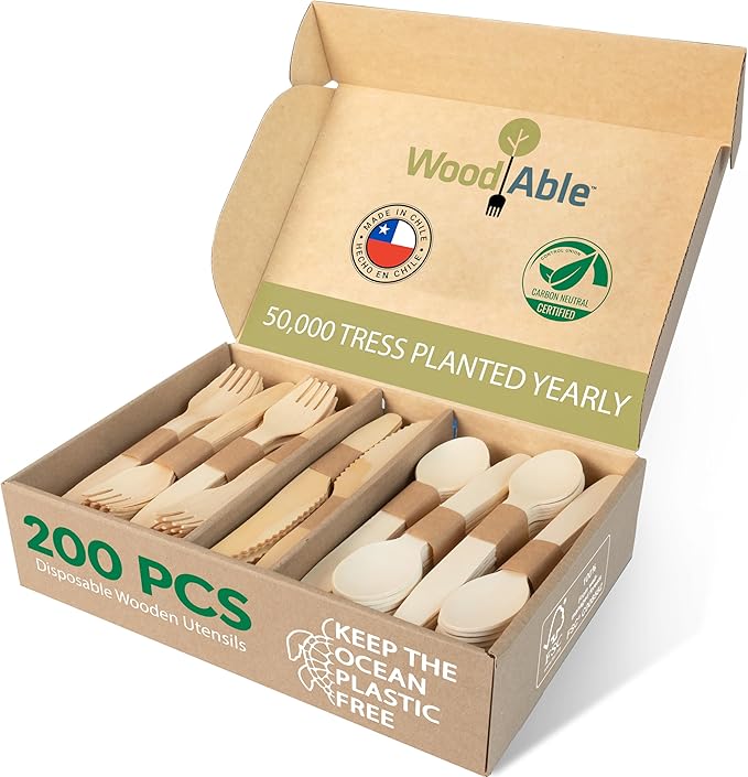Disposable Wooden Cutlery Set - 100% Home Compostable - 200 Mix (80 Forks, 80 Spoons and 40 Knives) 6.5", Bamboo Utensils Alternative, Eco-Friendly, Organic, Sustainable and Carbon Neutral Certified