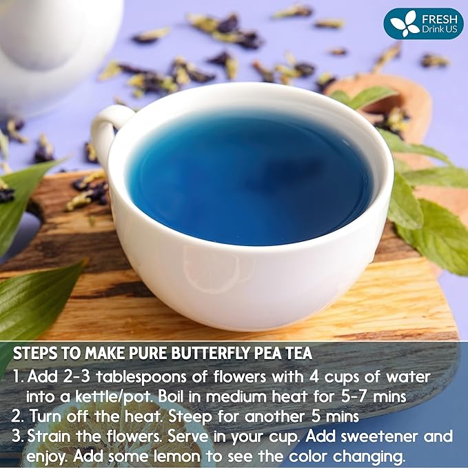 FreshDrinkUS, Premium 8oz Blue Butterfly Pea Flowers Dried ā Premium Whole Flower Herbal Tea ā Vibrant Blue Natural Color ā Caffeine-Free Loose Flower Tea. Vegan