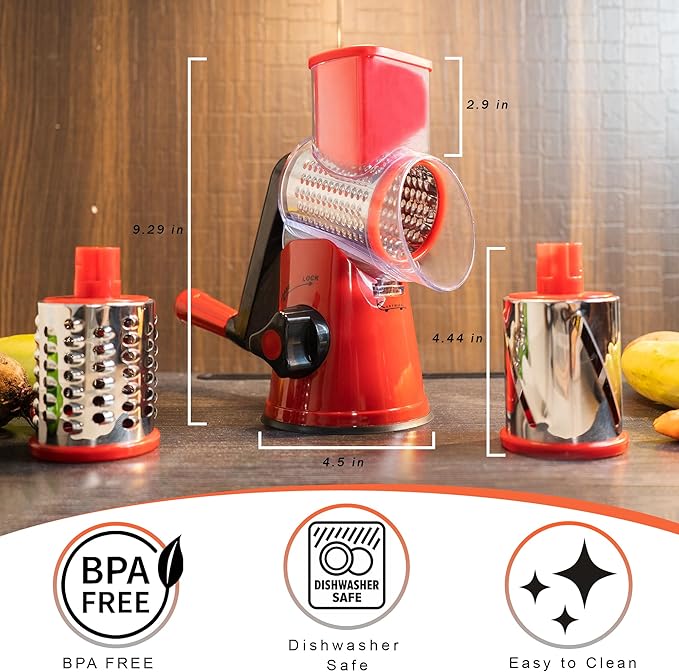 Rotary Cheese Grater with Handle - 3-in-1 Cheese Shredder - Easy to Clean Rotary Grater - Mandoline Vegetable Slicer Hand Crank - with Brush and Peeler - Red