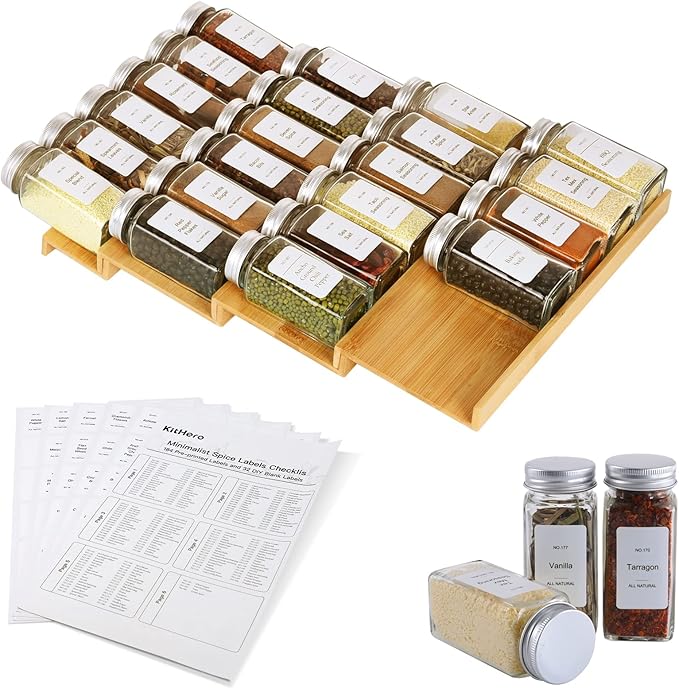 Spice Drawer Organizer with 20 Spice Jars,216 Labels,25 Non-slip Rubber, Bamboo 4 Tier Seasoning Rack Tray Insert for Kitchen Drawers,Cabinets,Countertop,11" Wide x 15.8" Deep
