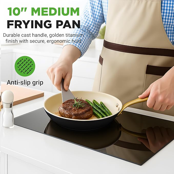 NutriChef 10-Inch Professional Ceramic Frying Pan - Medium Skillet with Golden Titanium Handle, Non-Stick Ceramic Coating, Stain-Resistant, Easy to Clean, Ideal for Home Cooking