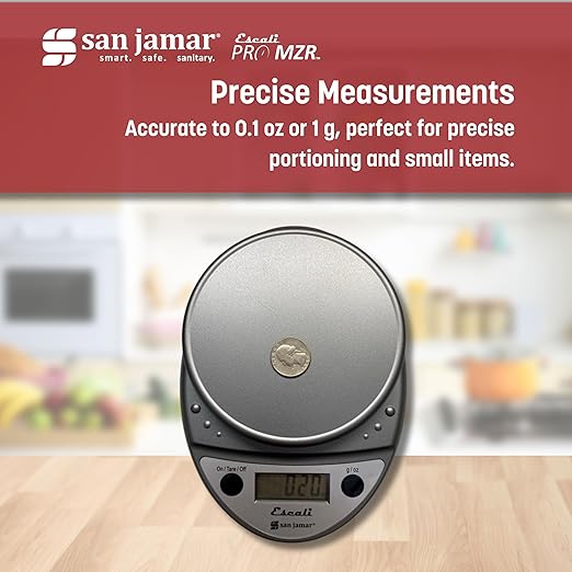 San Jamar Escali Digital Kitchen Scale, 11 lb Capacity, Tare Function, Precise Readout, Compact 8.5" x 6", Metallic Plastic (Model SCDG11M)
