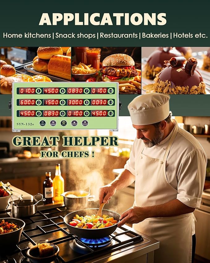 12 Channel Kitchen Timer Commercial Cooking Timer Reminder Restaurant Timer Burger Bakery Fryer Timer Stainless Steel Loud Alarm for Home Cooking Hotel Restaurant (12 Channel)