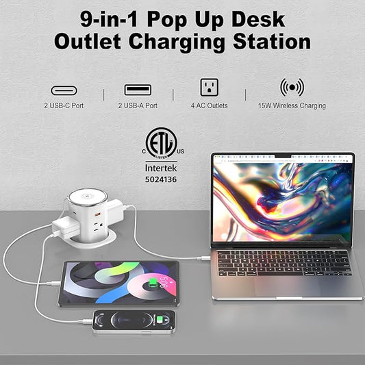 Jgstkcity Pop Up Countertop Outlet with 15W Wireless Charger,20W USB C Ports,Flush Mount Tamper Resistant,Recessed Grommet Receptacle,4 USB 4 Outlets,15A,1875W,ETL Listed,3.15in Hole,White
