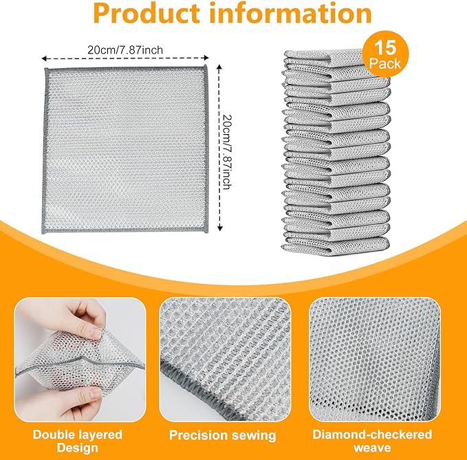 15PCS Multipurpose Wire Dishwashing Rag,Non Scratch Wire Dishcloth, Reusable Steel Wool Scrubber,Non-Scratch&Quick-Drying&Odor-Resistant Multi-Purpose for Kitchen,Bathroom Cleaning (15)