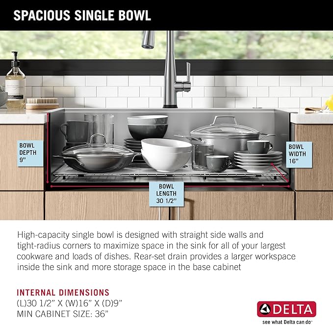DELTA FAUCET DELTA Rivet 33-Inch Workstation Kitchen Sink Drop-In Top Mount 16 Gauge Stainless Steel Single Bowl with WorkFlow Ledge and Chef’s Kit of 5 Accessories, 95A931-33S-SS