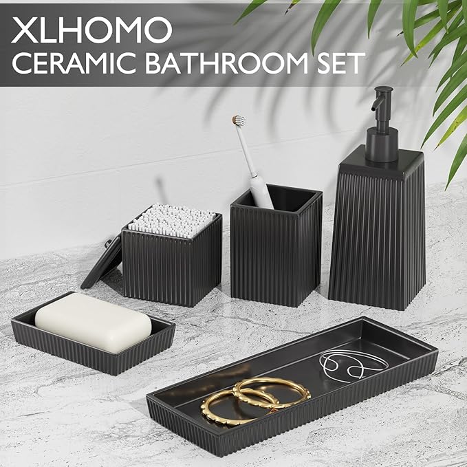 Bathroom Set - Black Bathroom Accessories Set, 5PCS Ceramic Bathroom Accessory Set, Bathroom Sets with Soap Dispenser, Toothbrush Tumbler, Soap Dish, Q-tip Holder & Vanity Tray