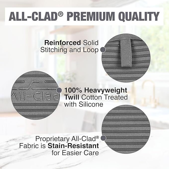 All-Clad Premium Pot Holder & Hot Pad: Heat Resistant to 500 Degrees - 100% Cotton, 10""x6.25"" Hot Pad for Kitchen and Barbeque, (1-Pack), Pewter