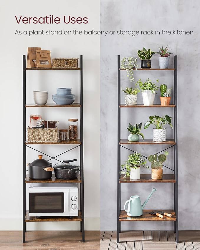 VASAGLE Ladder Shelf, 5-Tier Bookshelf, Storage Rack, Bookcase with Steel Frame, for Living Room, Home Office, Kitchen, Bedroom, Industrial Style, Rustic Brown and Ink Black ULLS45X