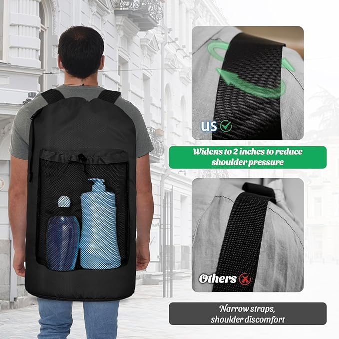 Laundry Bag Backpack Large Travel Laundry Bag with Adjustable Shoulder Straps Portable Laundry Hamper for College, Dorm, Apartment Camp(Black)