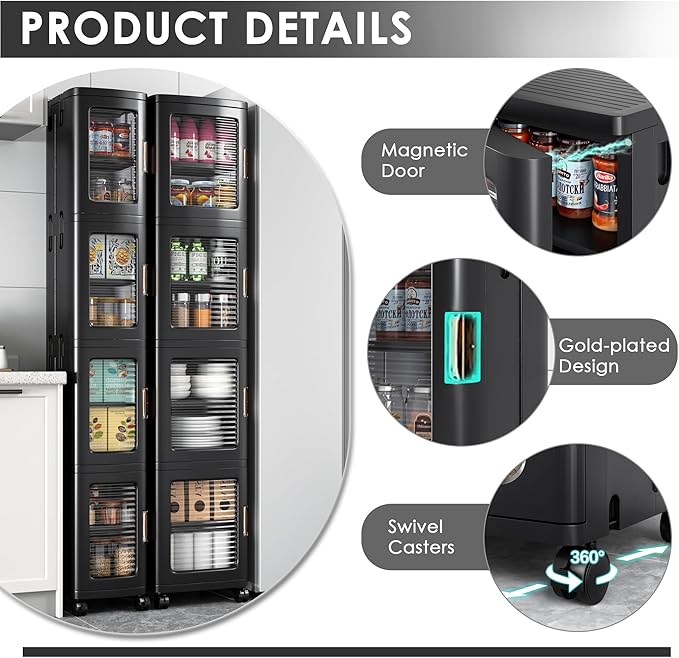 VECELO 4-Tier Tall Narrow Storage Cabinet with Movable Wheels, Adjustable Shelves, Anti-Tip, Slim, for Small Space, Bathroom, Kitchen, Laundry, Black