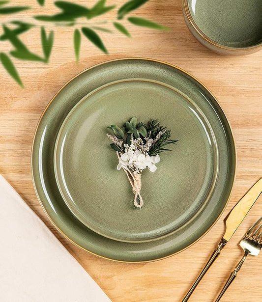 TheTerra Ceramic Dinnerware Sets, Handmade Reactive Glaze Plates and Bowls Set, Scratch Resistant Dish Set, Oven & Microwave & Dishwasher Safe, Service for 6, Brown Green