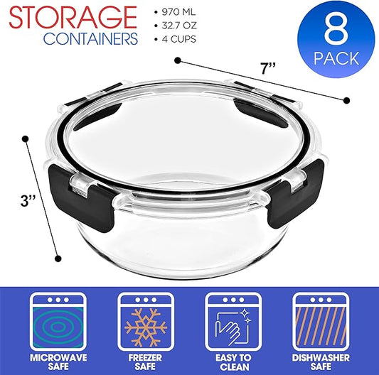 Sorbus 16pc Glass Meal Prep Containers Set β 8 Round 32oz Containers with Airtight Lids β Freezer, Dishwasher, Oven Safe β Reusable Food Storage Bowls, 4 Cup Capacity for Meal Prep and Storage