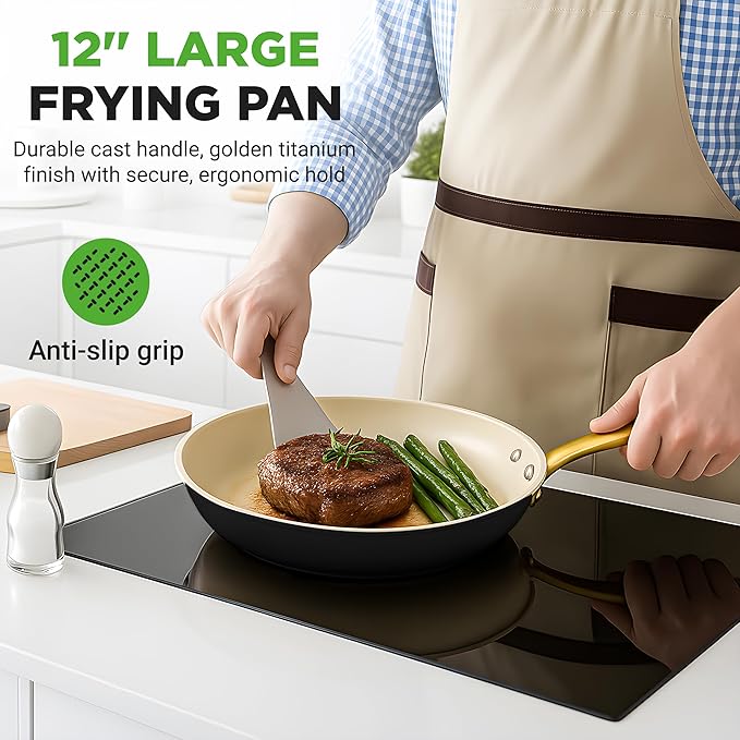 NutriChef 12-Inch Professional Ceramic Frying Pan With Lid - Large Skillet with Golden Titanium Handle, Non-Stick Ceramic Coating, Stain-Resistant, Easy to Clean, Ideal for Home Cooking