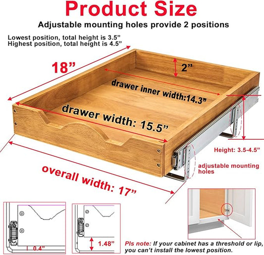 DINDON Pull Out Cabinet Organizer (17" W x 18" D) 1 Tier,Single Tier Oak Wood Under Cabinet Slide Out Shelf Drawer Box…