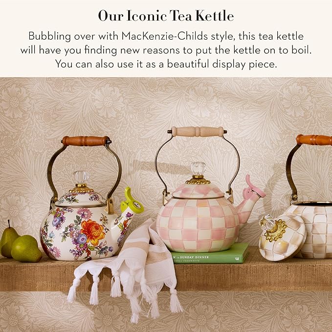 MACKENZIE-CHILDS Enamel Whistling Tea Kettle, Decorative Teapot for Stovetop, White Flower Market