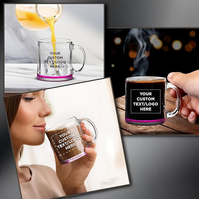 Custom Libbey Clear Glass Coffee Mugs 13 oz. Set of 50, Personalized Bulk Pack - Perfect for Coffee, Tea, Espresso, Hot Cocoa, Other Beverages - Pink Bottom