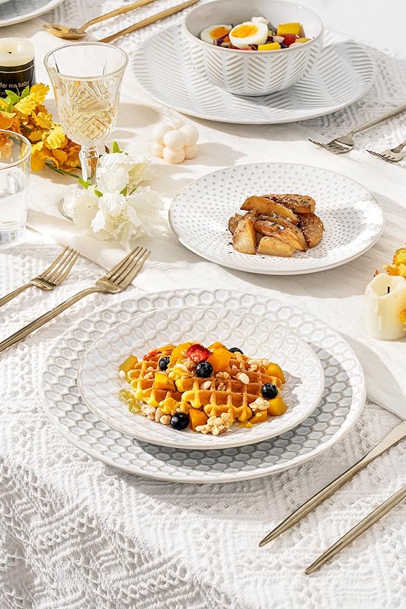 16-Piece Ceramic Plates and Bowls Set,Dual Bowl Dish Set with Dinner & Pasta Bowls,Elegant Embossed Dinnerware for Modern Homes,for Microwave & Dishwasher Safe