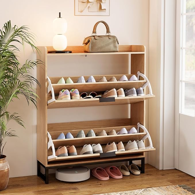 Shoe Cabinet Storage with 2 Flip Drawers for Entryway, Oak Wooden Slim Shoe Organizer with Adjustable Shelf, Freestanding Hidden Narrow Shoe Rack Cabinet for Hallway