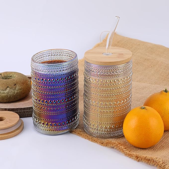 Vintage Drinking Glasses Set of 4 with Bamboo Lids, Textured Clear Striped Ribbed Glassware Set Cocktail Set Beaded Glass Cups Old Fashion Embossed Iced Coffee Cup for Beer, Beverage(16 oz), Rainbow