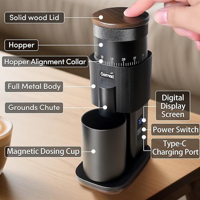 Coffee Grinder,Wirsh Portable Cordless Rechargeable Coffee Grinder Geimori T38 with Conical Burrs,3600mAh Batteries,Grind Settings for Espresso,Pour Over,French Press,Camping,Travel&Home Use
