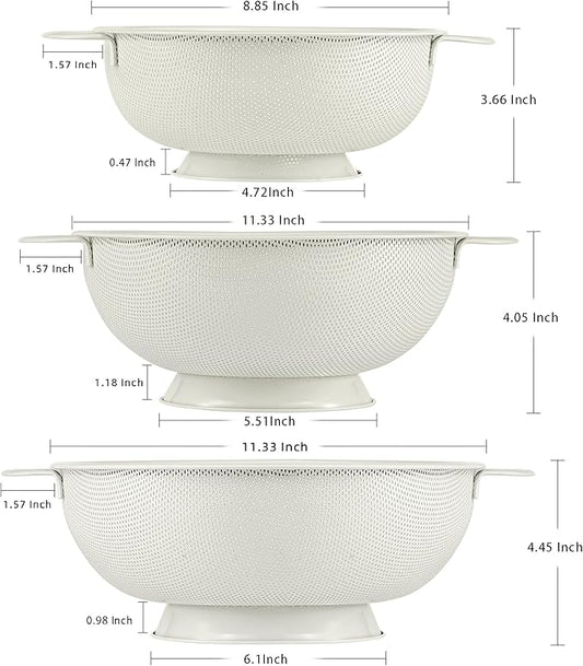 Stainless Steel Colander 3 Piece,Metal Strainer Basket with Solid Base and Handles for Kitchen Food,Pasta, Noodles, Vegetables and Fruits,Powder Coated,BPA Free,Dishwasher Safe,2 & 3 & 4.5 Qt (Cream)