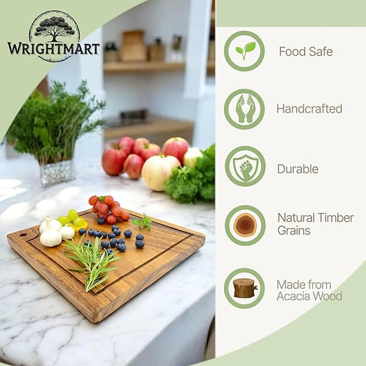 Acacia Wood Steak Plates, Square 12" x 12", Set of 2 Durable Joint Free, Cutting and Serving Board Displaying Continuous Grains of Solid Wood, Perfect for Steak Dinner, with Juice Groove