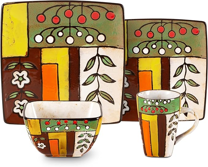 Stoneware Artisan Hand Painted Spring Garden, 16pc Reactive Glaze Dinnerware Set