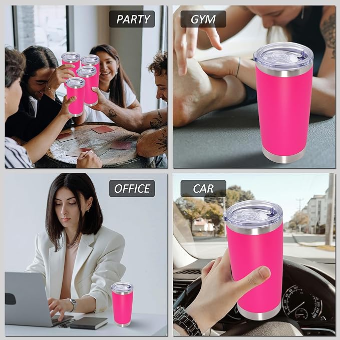 20oz Tumbler Bulk Stainless Steel Tumblers with Lid Vacuum Insulated Double Wall Travel Coffee Mug Powder Coated Tumbler Cup for Hot and Cold Drinks(Hot Pink, 6 pack)