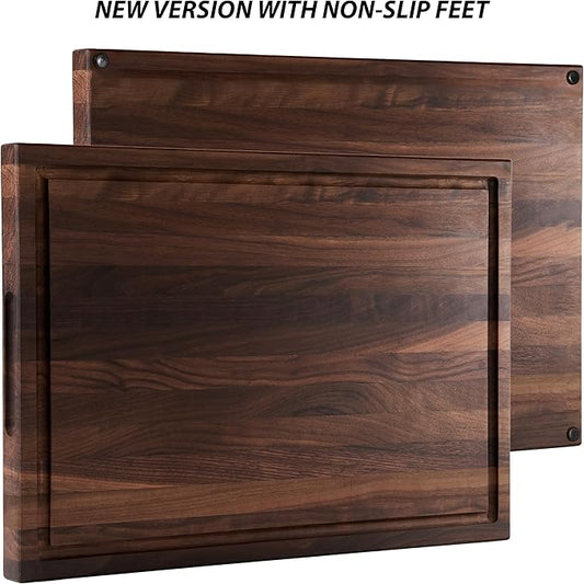American Dark Walnut Wood Cutting Board 17x12 x1in for Kitchen with Juice Groove, Inner Handles, Gift Box, Thick Wooden Cutting Board Finished with Linseed Oil, Beeswax, Carnauba Wax, Lemon Oil
