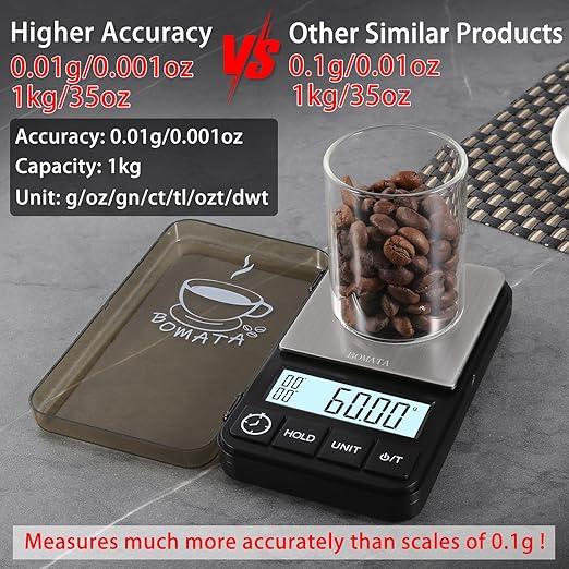 BOMATA 1000 g x 0.01 g Digital Scale with Timer, Mini Digital Small & Thin Travel Pocket Scale, Grams and Ounces with Silicone Mat, High Precision.. CS150 0.01 g