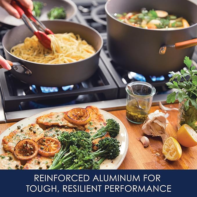 Rachael Ray Cucina Dishwasher Safe Hard Anodized Nonstick Cookware Pots and Pans Set, 12 Piece, Gray with Orange Handles