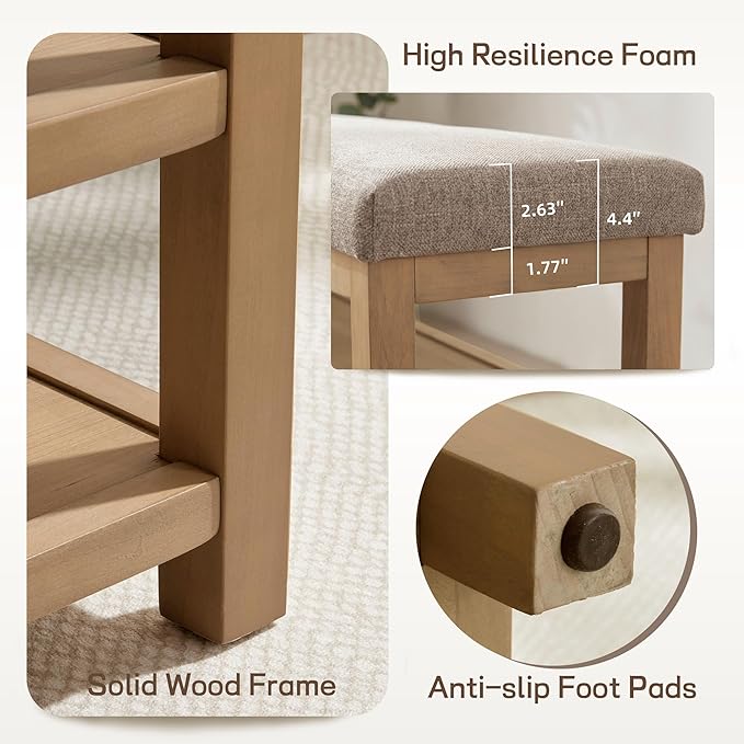 Shoe Rack Bench with Cushion, 2 Tier Solid Wood Storage Bench, Mid-Century Modern Shoe Bench for Entryway, Hallway, Closet, Front Door Entrance, Foyer (Brown, 46.5")