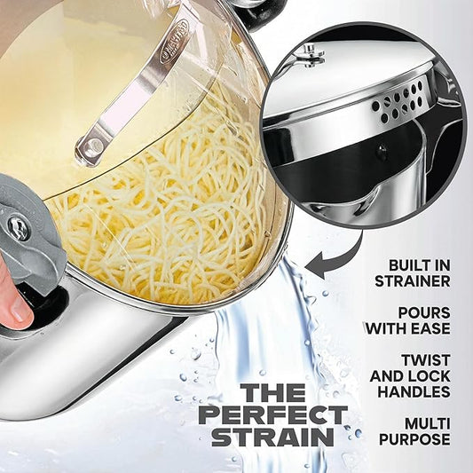 GOTHAM STEEL 8 Qt Stainless Steel Stock Pot Multipurpose Pasta Pot with Strainer Lid & Twist and Lock Handles, for Soup, Spaghetti, Rice, Induction Ready, Dishwasher Safe