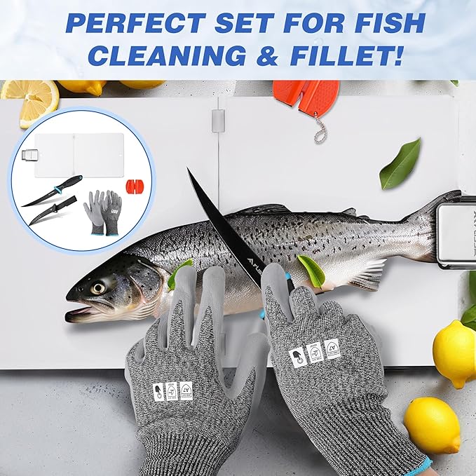 FLISSA 4-Piece Fish Fillet Set, Cleaning Kit - 7" Fillet Knife, Foldable Fish Board with Clamp, Knife Sharpener and Cut Resistant Gloves, Suitable for Easy Cleaning, Filleting and Cutting