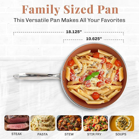 GOTHAM STEEL 4 Qt Saute Pan with Lid, Large Nonstick Skillet for Cooking, 12” Hammered Deep Frying Pan, Family Sized Pans, Ceramic Coating for Sauce, Induction Ready Oven & Dishwasher Safe, Non Toxic