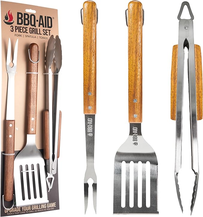 3 Piece BBQ Grilling Accessories Set - BBQ Tongs Spatula Fork Set - Heavy Duty Stainless Steel Barbecue Grill Tools with Solid Hard Wood Handles Great Gift Set
