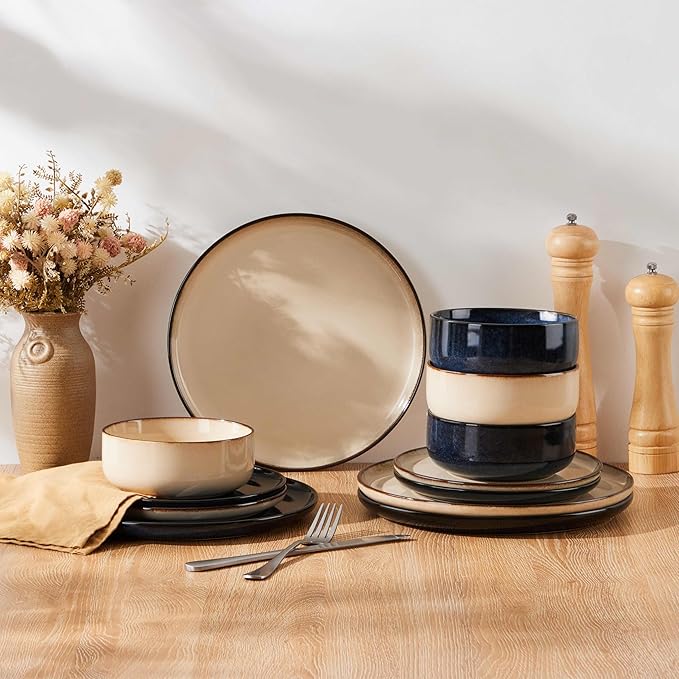 Herogo 12 Pieces Stoneware Dinnerware Dishes Sets for 4, Kitchen Dining Plates and Bowls Sets, Double Reactive Glaze, Microwave & Dishwasher Safe, Scratch Resistant, Starry Blue & Cream Khaki