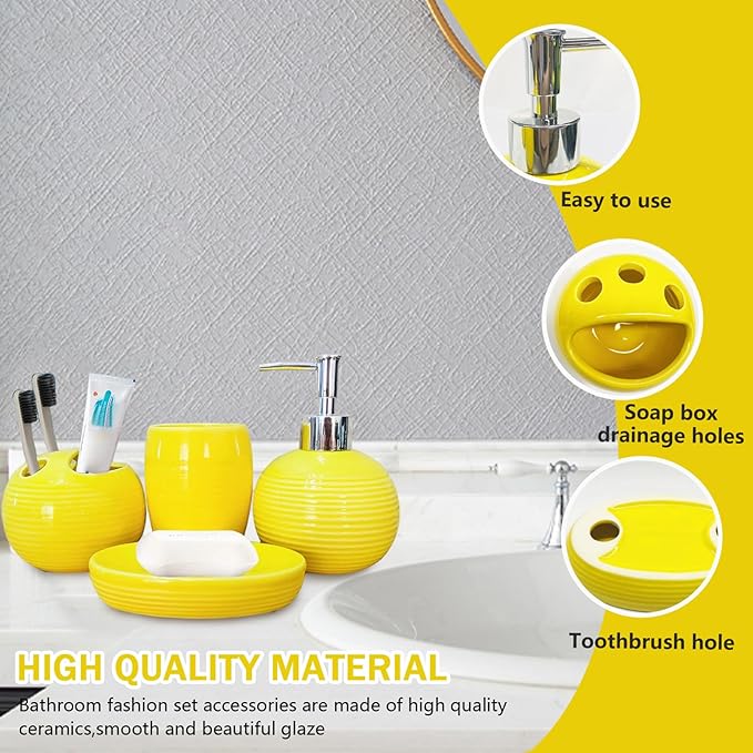 4Pcs/Set Yellow Bathroom Accessories Ceramic Vibrant Soap Dispenser with Toothbrush Holder & Soap Dish & Cup Complete Toothbrush Holder Set