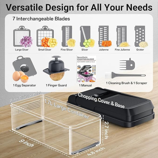 12-in-1 Vegetable Chopper, Kitchen Gadgets with 7 Blades, Veggie, Food, Onion Chopper, Cucumber Slicer, Versatile Mandoline, Includes Egg Separator & Finger Guard, Gray