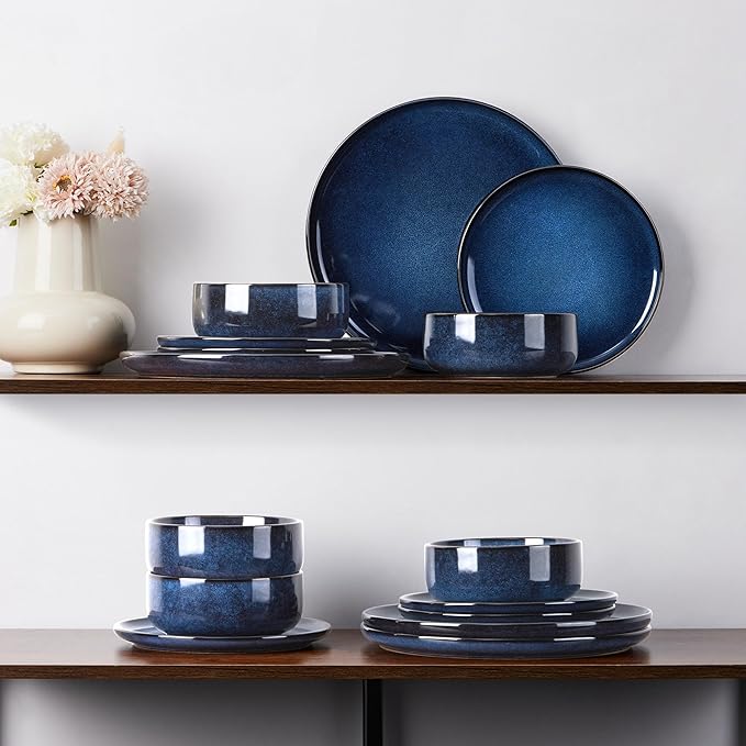 E-far Dinnerware Sets for 4, 12-Piece Stoneware Plates and Bowls Set, Ceramic Dishes Reactive Glaze Dinning Ware, Microwave & Dishwasher Safe - Deep Sea Blue