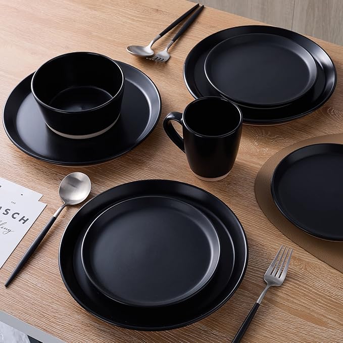Stone Lain Jules Modern Stoneware 32-Piece Round Black Dinnerware Set, Plates and Bowls Sets, Dish Set for 8, Black