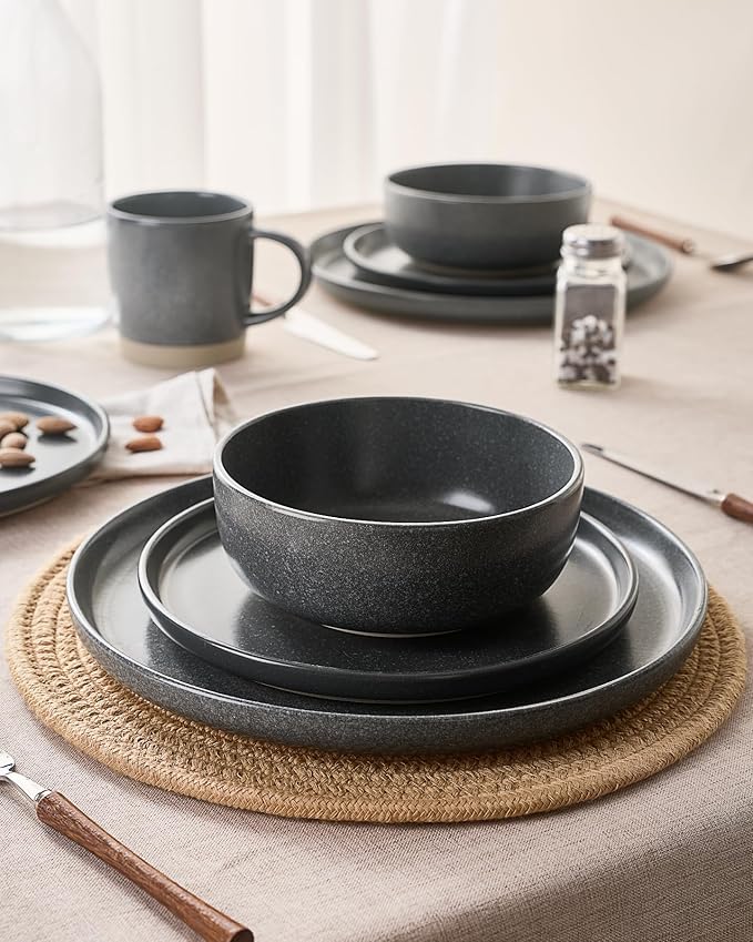Famiware Milkyway Stoneware Dinnerware Sets with Mugs, Service for 4 (16 Pieces), Reactive Glaze Plates and Bowls Sets, Microwave and Dishwasher Safe Dishes Set, Matte Dark Charcoal