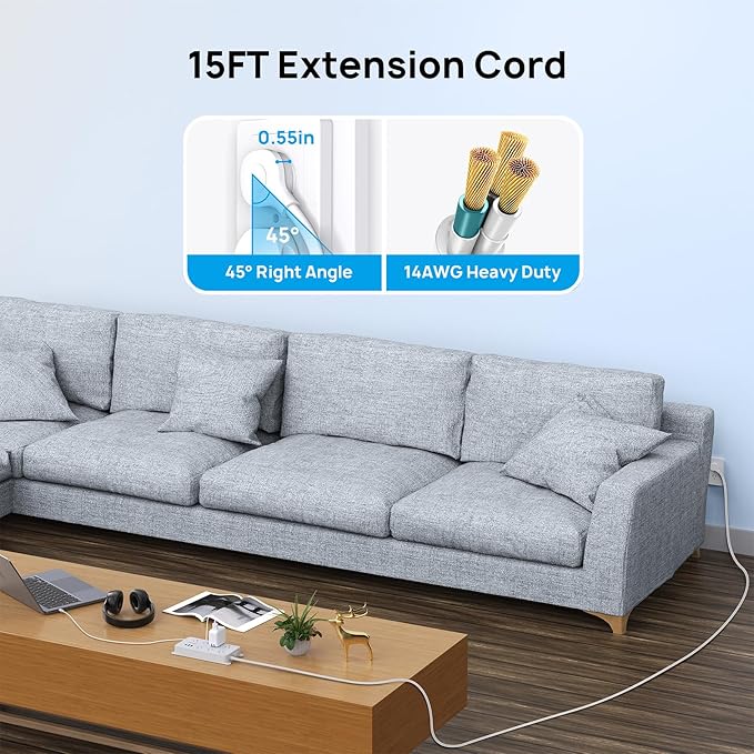 TROND Surge Protector Power Strip Flat Plug, 15ft Long Extension Cord, 7 Widely-Spaced Outlets with 2 USB-A & 1 USB-C, ETL Listed, 1700J, Wall Mountable, for Home Office Garage, White