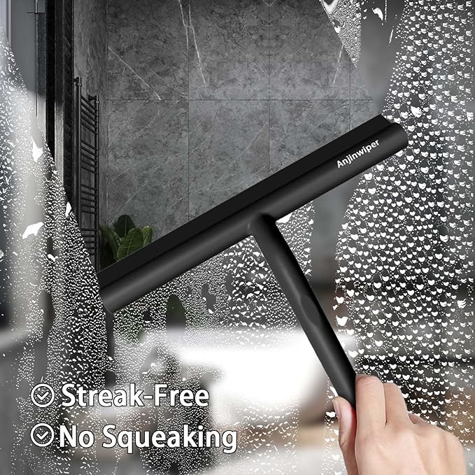 All-Purpose Shower Squeegee for Glass Doors, Shower Door Squeegee with Hook, Silicone Squeegee for Bathroom, Shower Doors, Mirrors, Tiles(Black)