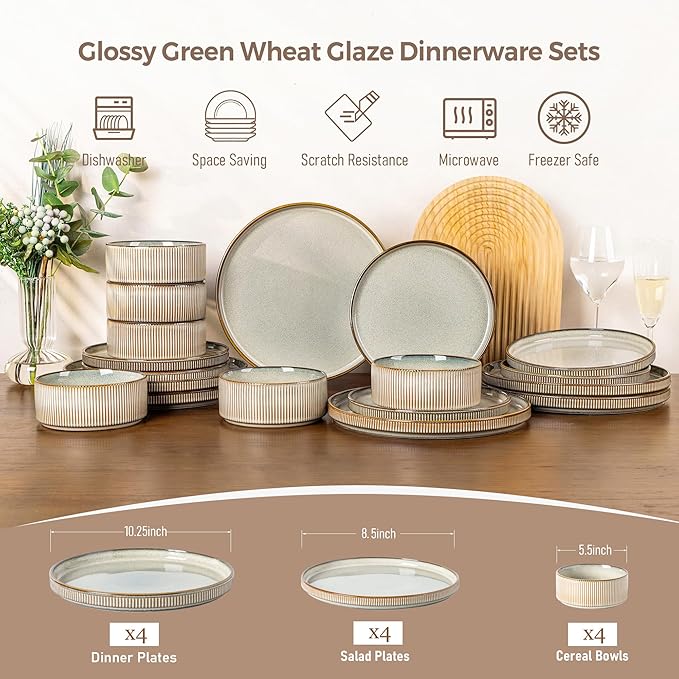 GBHOME Stoneware Dinnerware Sets for 4,Round Reactive Glaze Ceramic Plates and Bowls Set,Highly Scratch Resistant | Dishwasher & Microwave Safe Dishes Set,Service for 4(12Pcs),Green Wheat